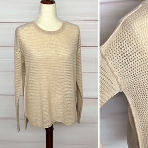 360 Sweater Cashmere Pullover Oatmeal Beige Net Style Open Knit Crew Neck size M